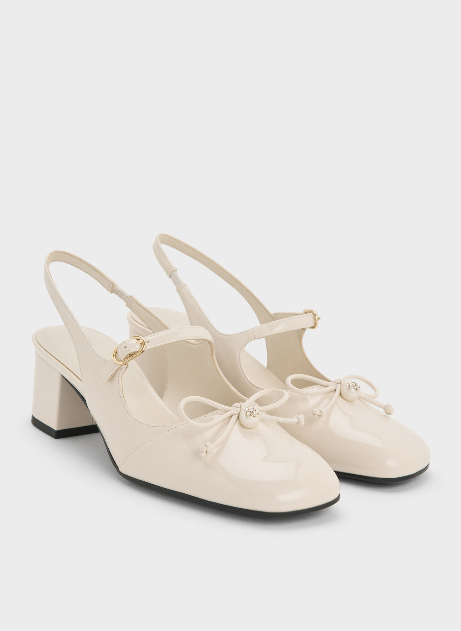 Patent Bow Crystal-Pearl Slingback Mary Jane Pumps, Chalk, hi-res