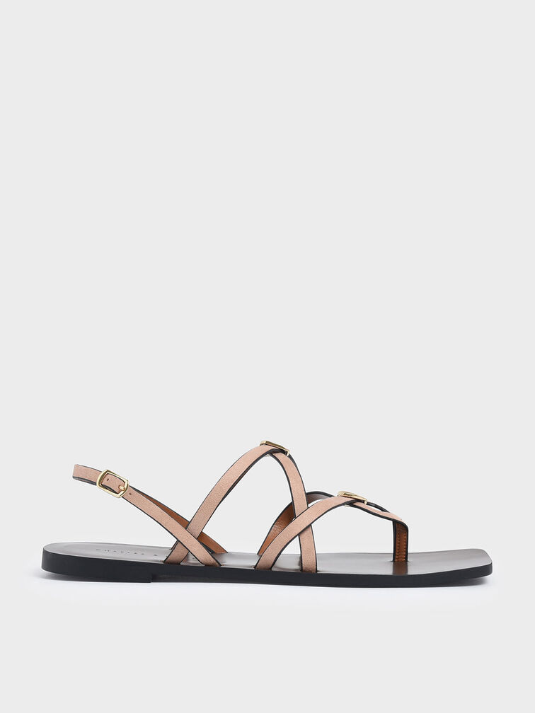 Criss Cross Metal Accent Textured Strappy Sandals, Nude, hi-res