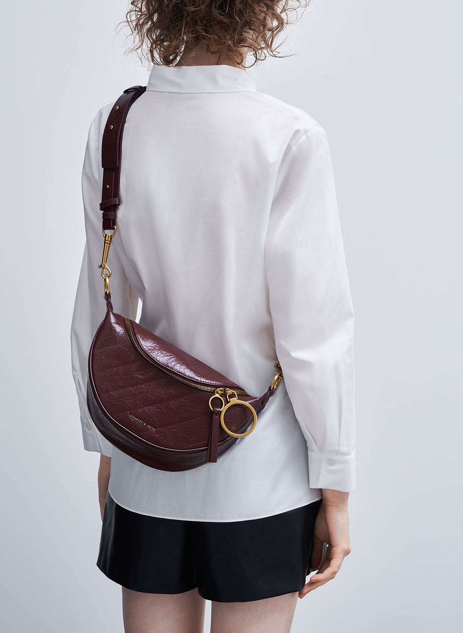 Philomena Wrinkled Effect Semi-Circle Crossbody Bag, Burgundy, hi-res