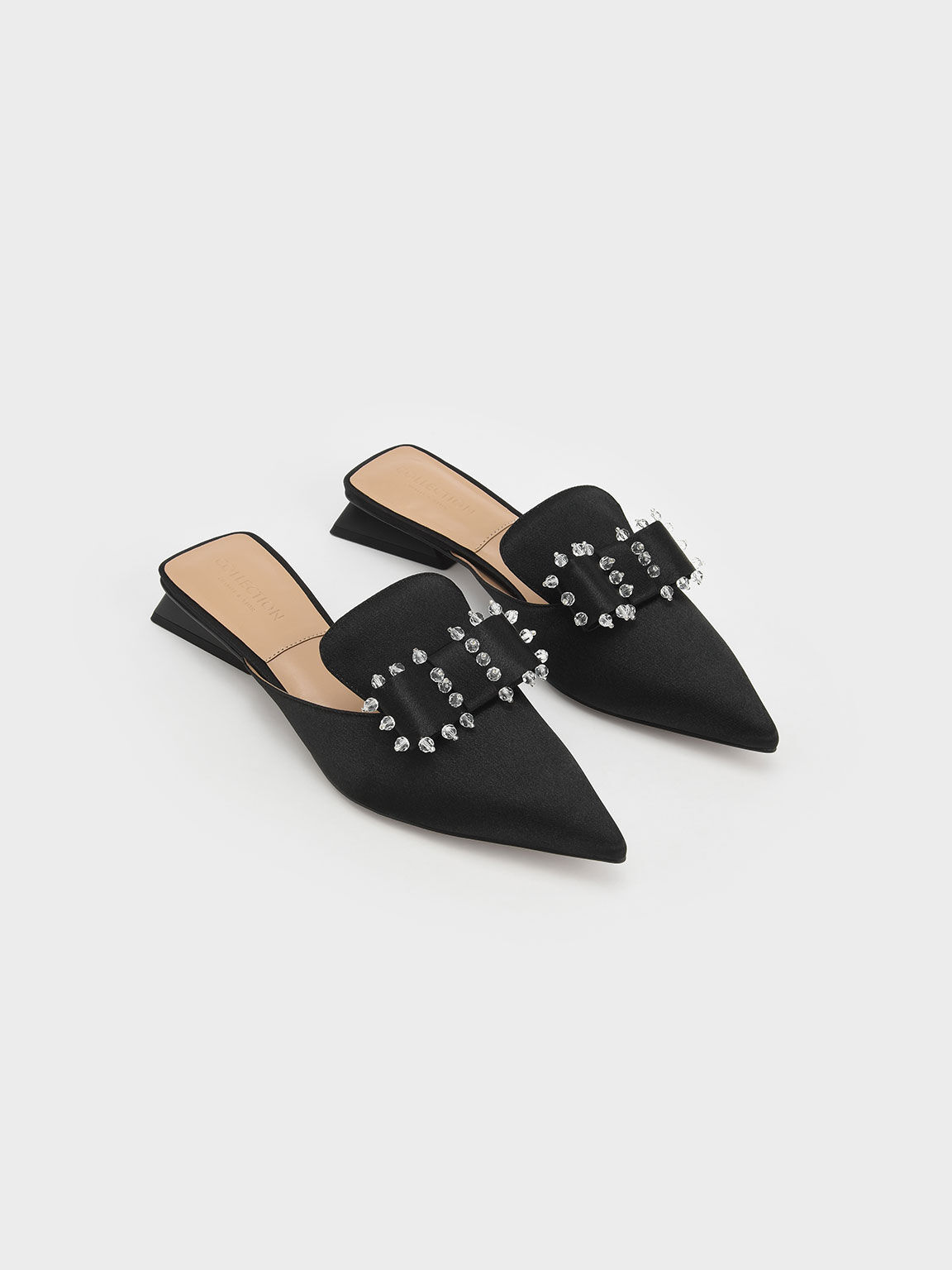 Satin Bead-Embellished Loafer Mules, Black, hi-res