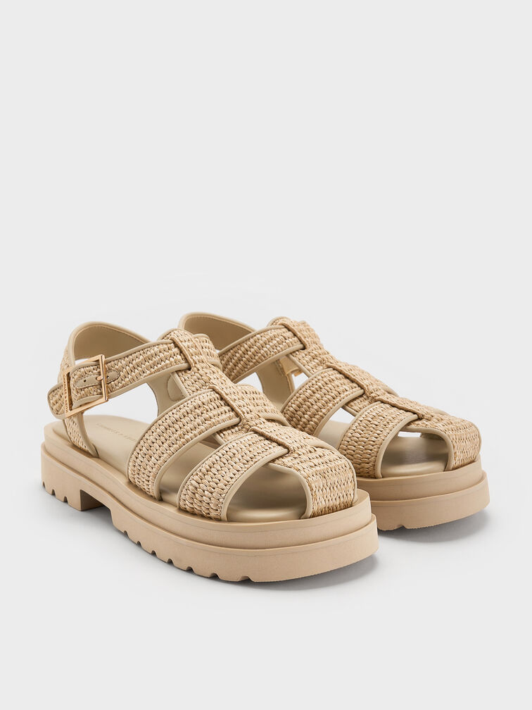 Raffia Caged Sandals, Taupe, hi-res