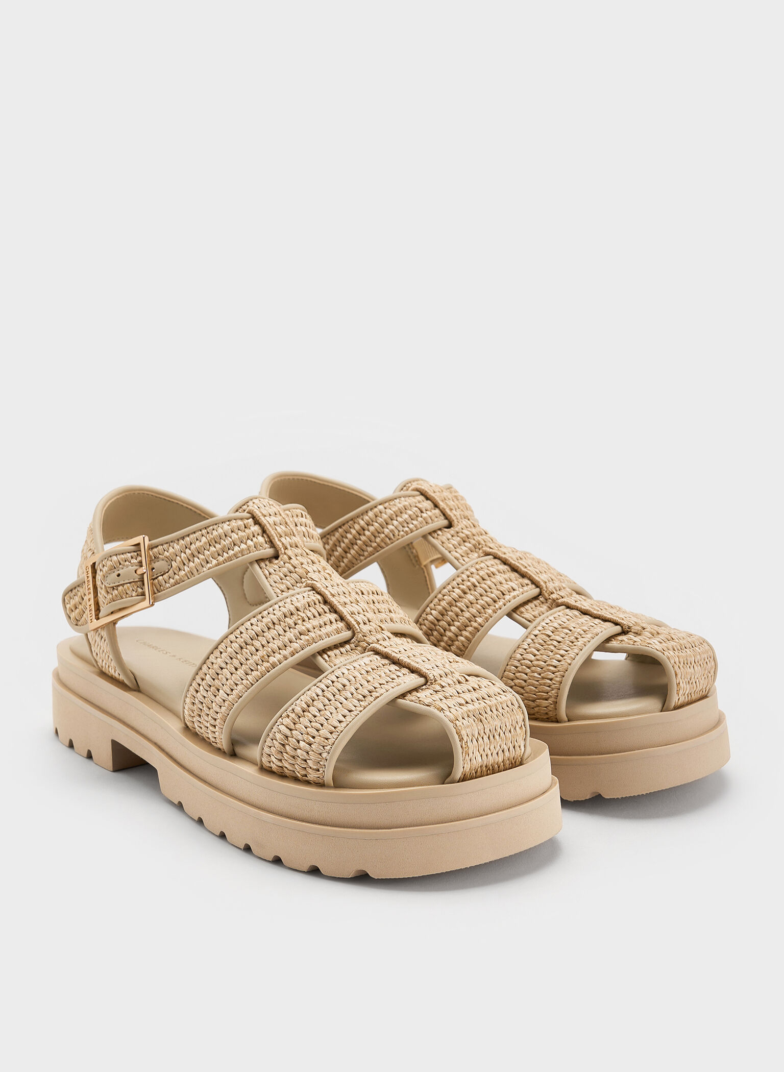 Raffia Caged Sandals, Taupe, hi-res