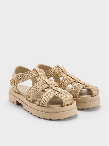 Raffia Caged Sandals, Taupe, hi-res