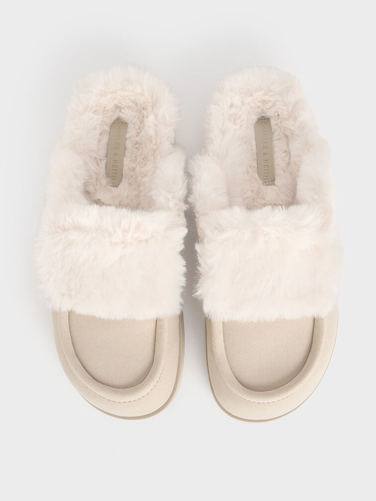 Textured Fur-Trim Flatform Mules, Beige, hi-res