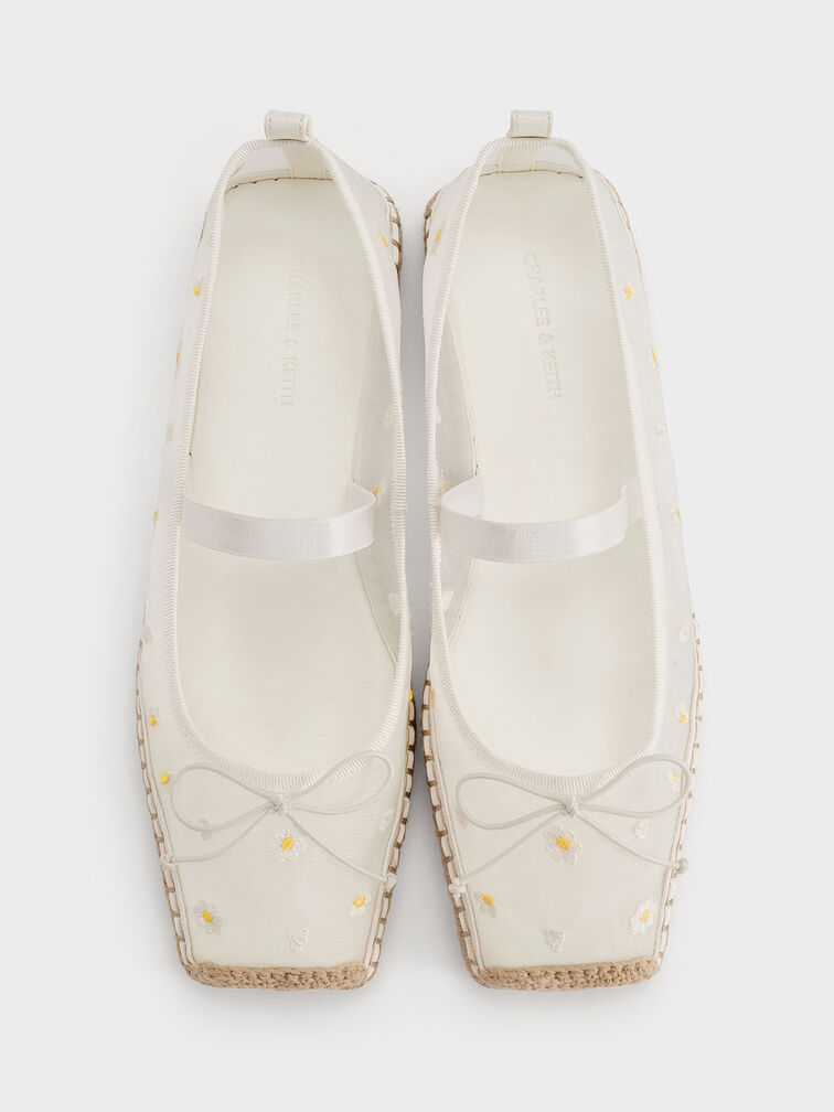Mesh Floral-Embroidered Bow Tie-Around Espadrille Ballet Flats, White, hi-res