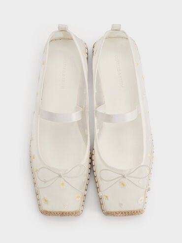 Mesh Floral-Embroidered Bow Tie-Around Espadrille Ballet Flats, White, hi-res