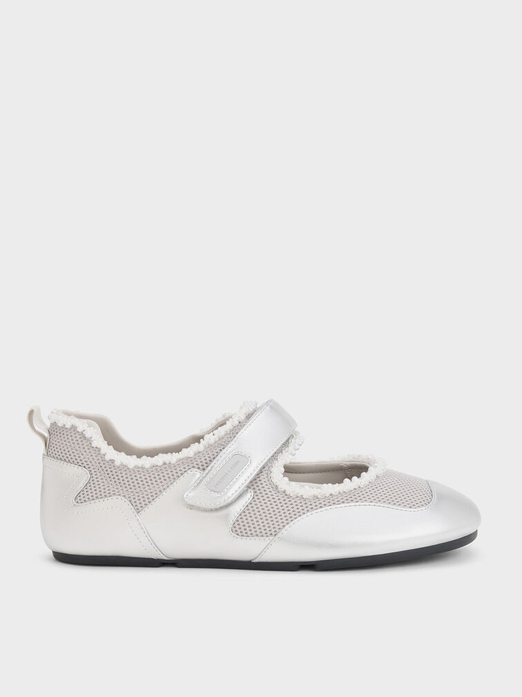 Metallic Mesh Pearl-Embellished Mary Jane Sneakers, Silver, hi-res