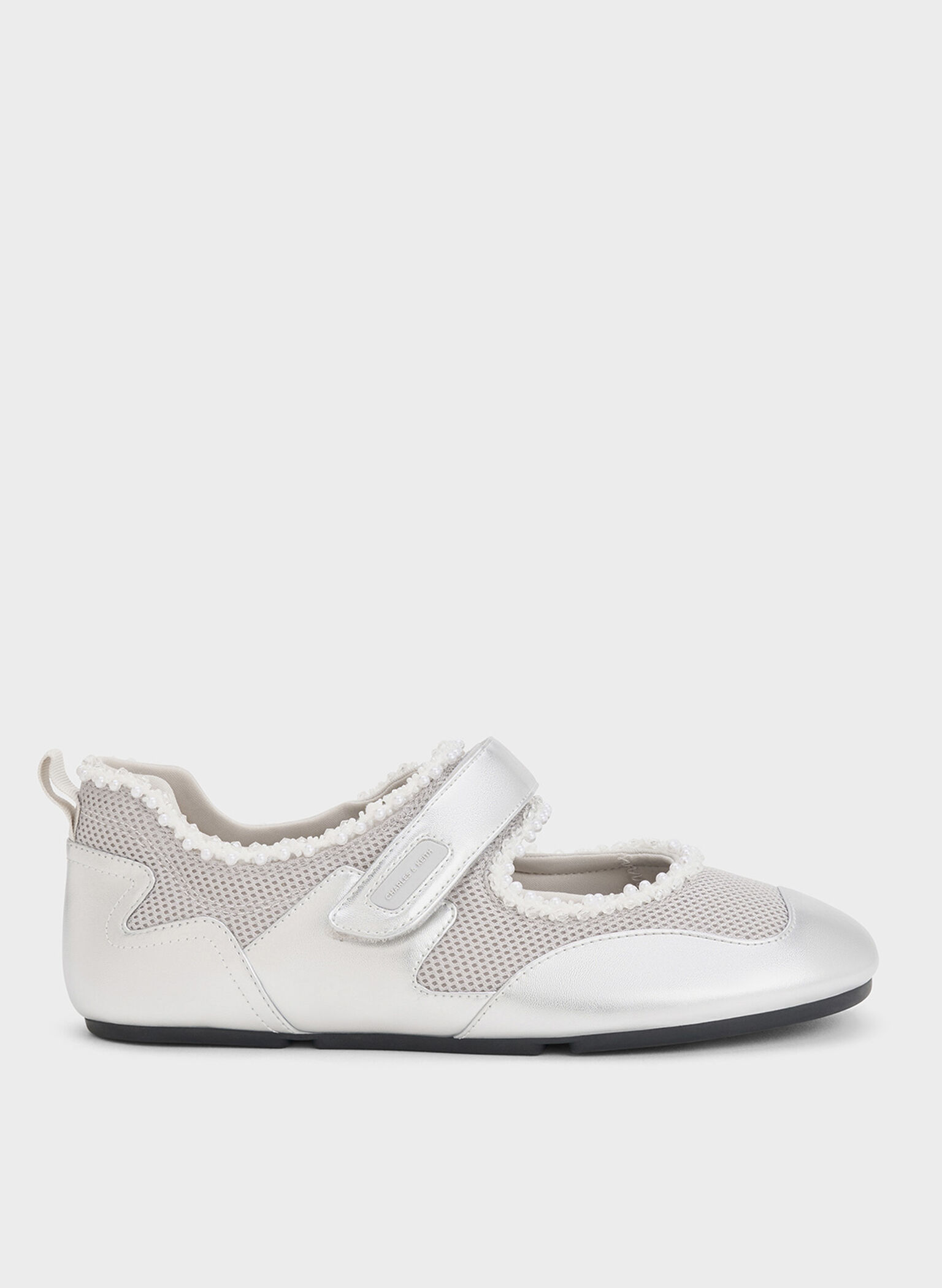 Metallic Mesh Pearl-Embellished Mary Jane Sneakers, Silver, hi-res