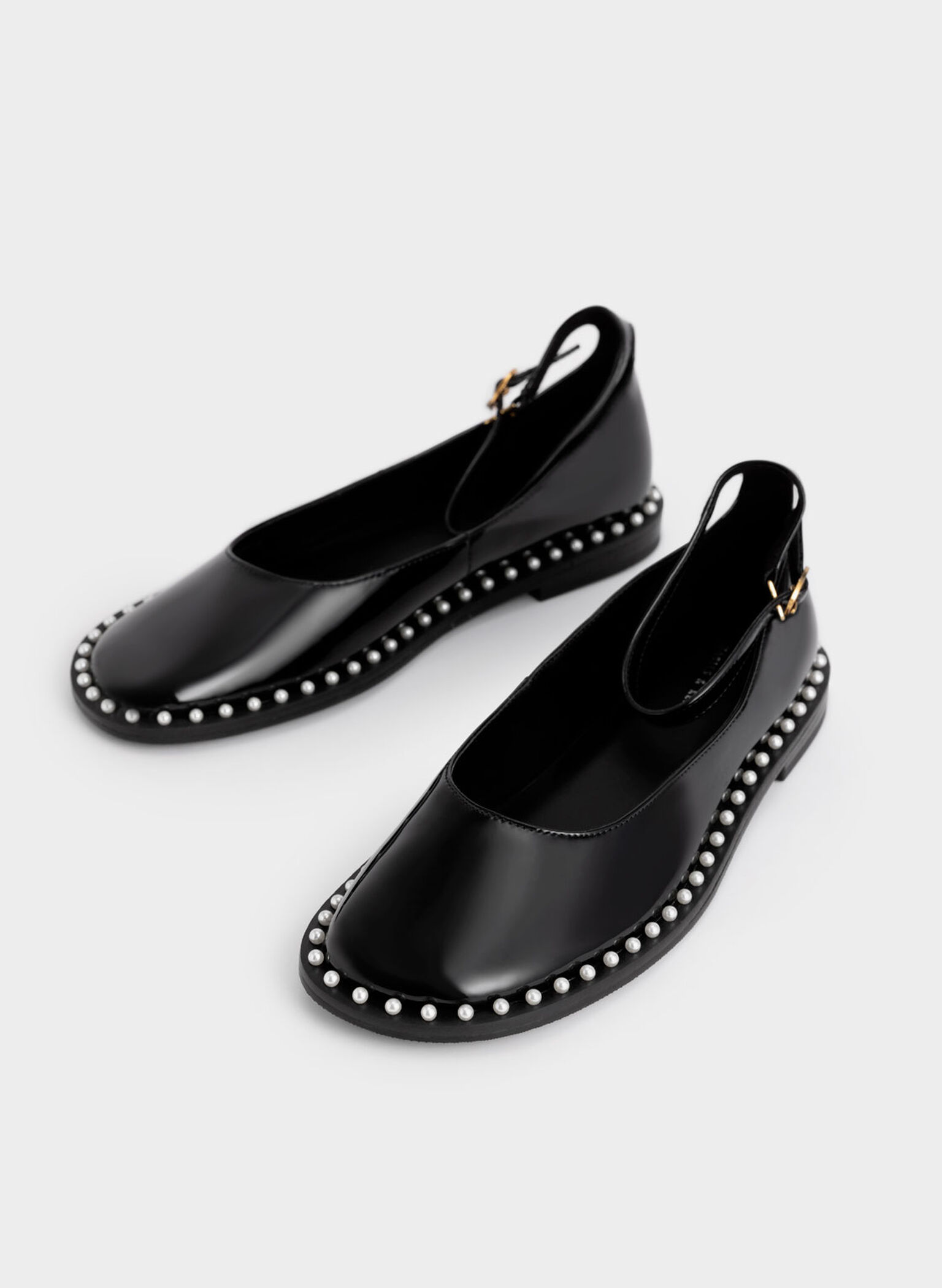 Bead-Embellished Patent Ankle Strap Ballerinas, Black, hi-res