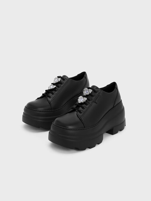 Crystal Heart-Motif Lace-Up Oxfords, Black, hi-res