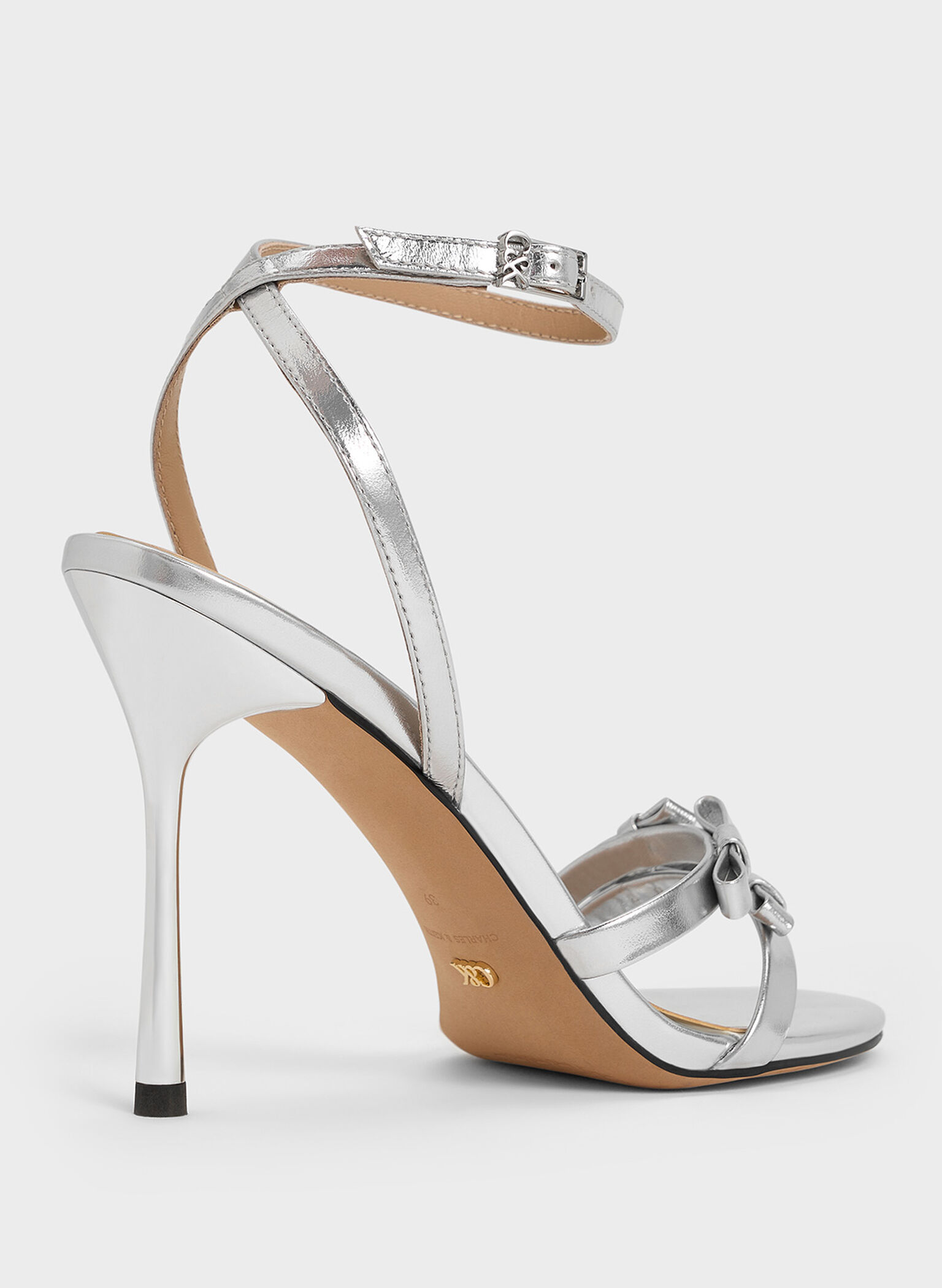 Jessy Metallic Leather Bow Ankle-Strap Stiletto-Heel Sandals, Silver, hi-res