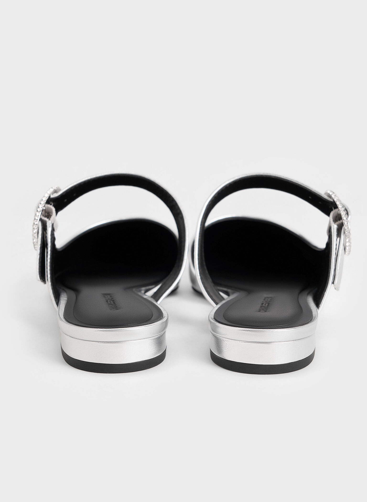 Metallic Crystal-Buckle Pointed-Toe Mules, Silver, hi-res