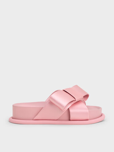 Satin Bow Flatform Sandals, Pink, hi-res