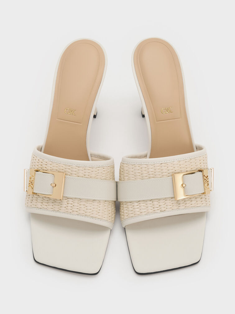 Whitney Leather & Raffia Buckled Heeled Mules, White, hi-res