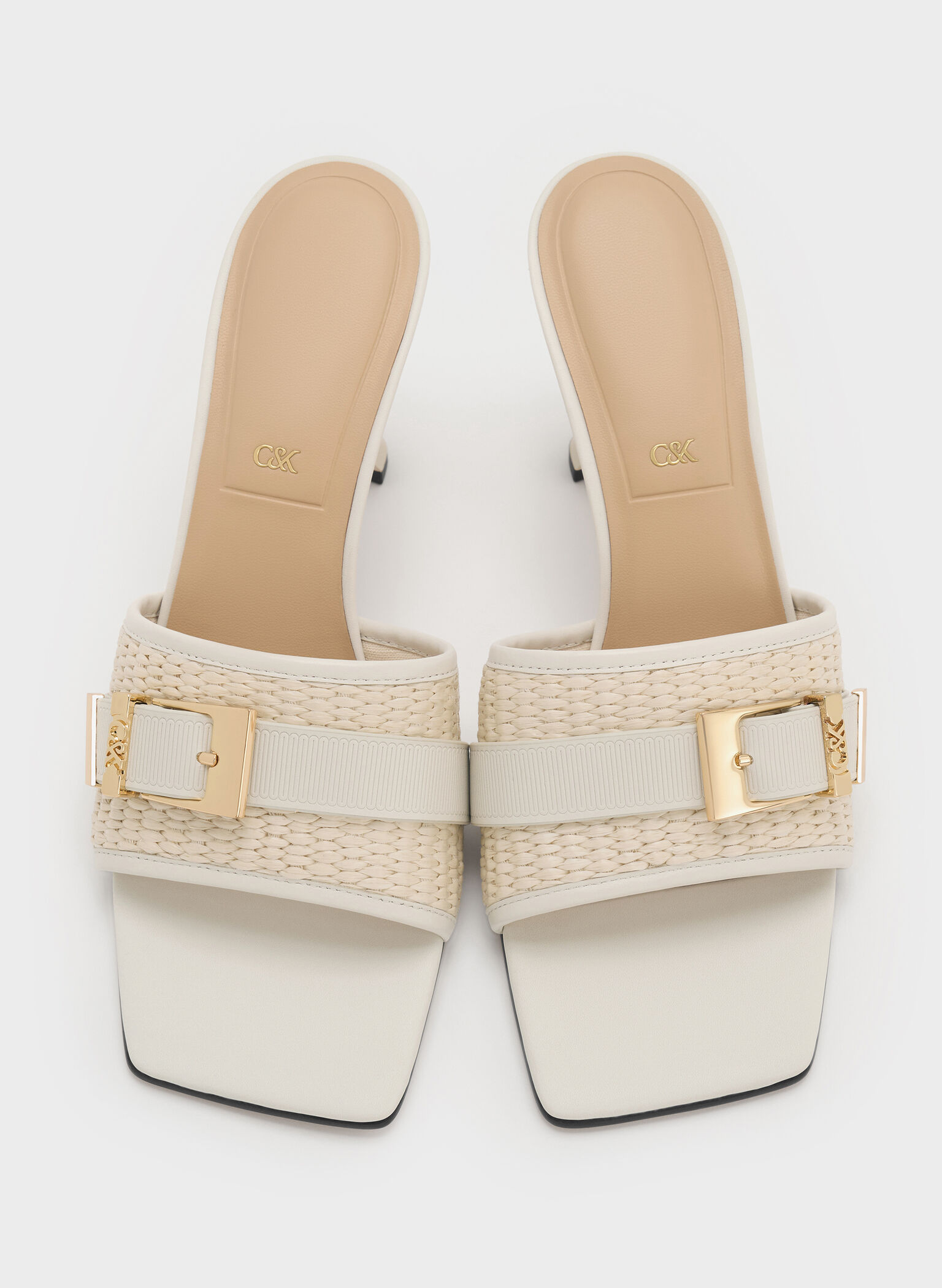 Whitney Leather & Raffia Buckled Heeled Mules, White, hi-res