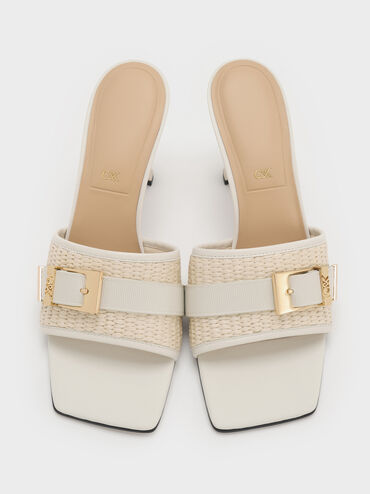 Whitney Leather & Raffia Buckled Heeled Mules, White, hi-res
