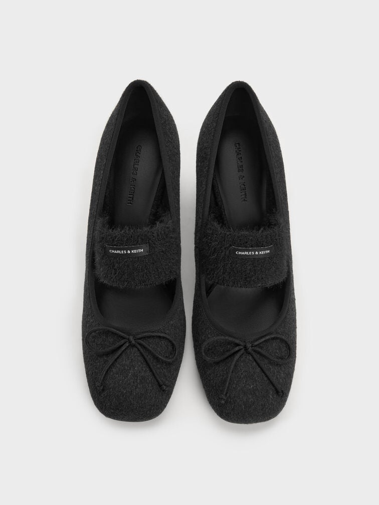 Winona Felt Bow Furry-Strap Mary Jane Pumps, Black Textured, hi-res