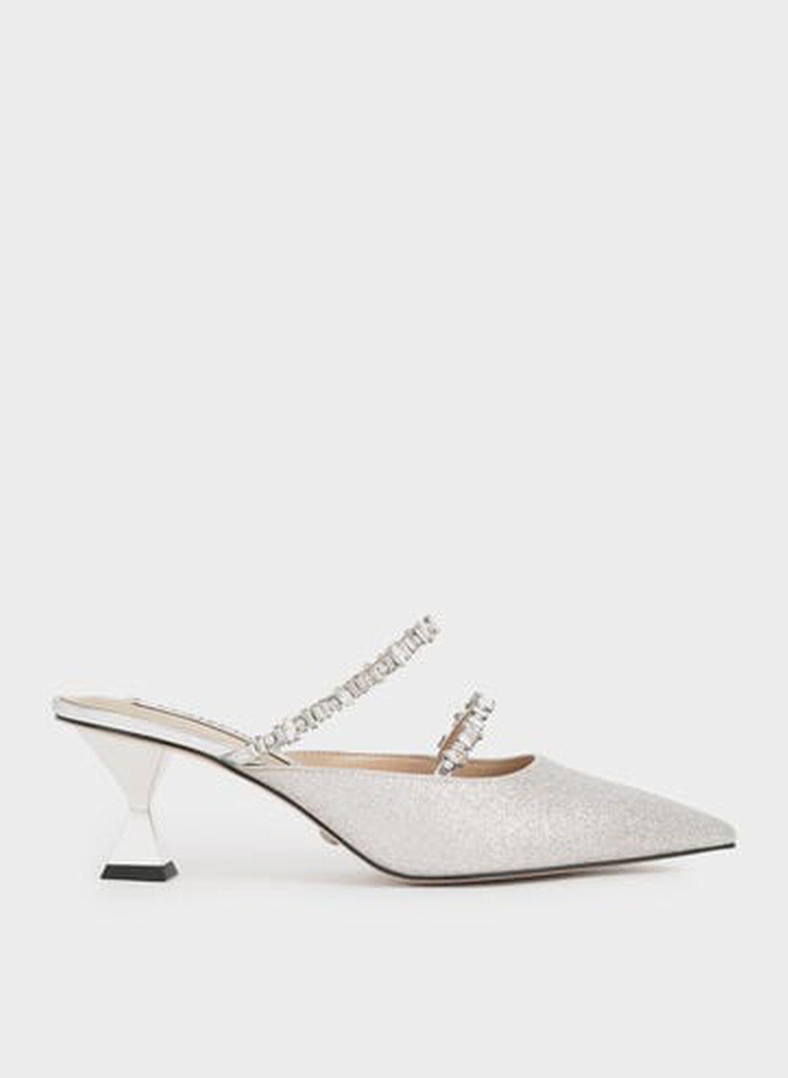 Wedding Collection: Gem-Encrusted Metallic Glittered Mules, Silver, hi-res