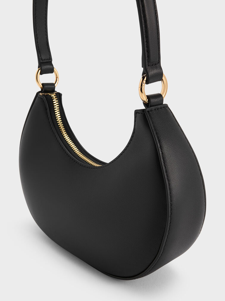 Leather Crescent Hobo Bag, Black, hi-res