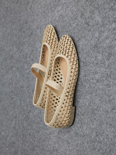 Studded Cut-Out Mary Jane Flats, Cream, hi-res