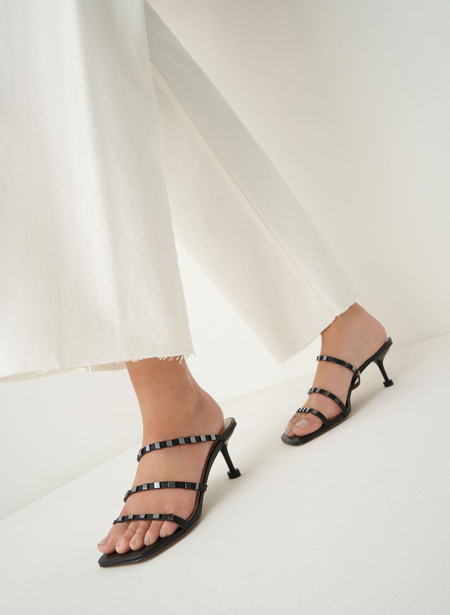 Leather Embellished Sculptural Heel Sandals, Black, hi-res