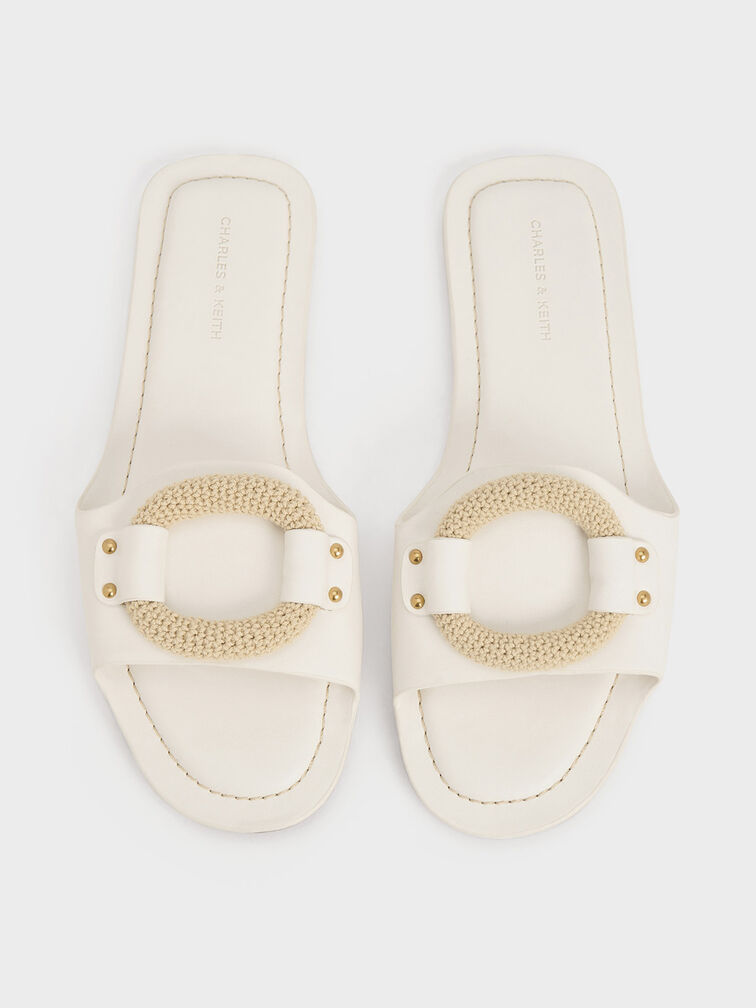 Raffia Ring Slide Sandals, White, hi-res