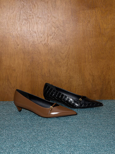 Buckled Pointed-Toe Kitten-Heel Pumps, Brown, hi-res
