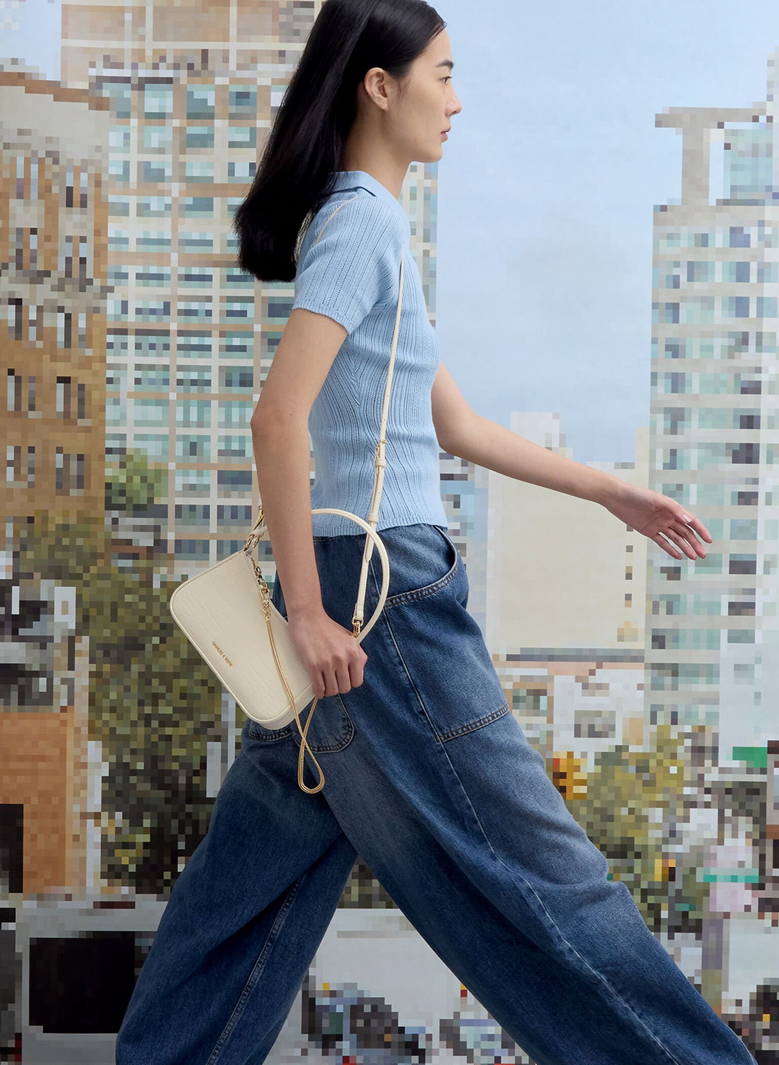 Elspeth Croc-Effect Chain-Link Shoulder Bag, Cream Croco, hi-res