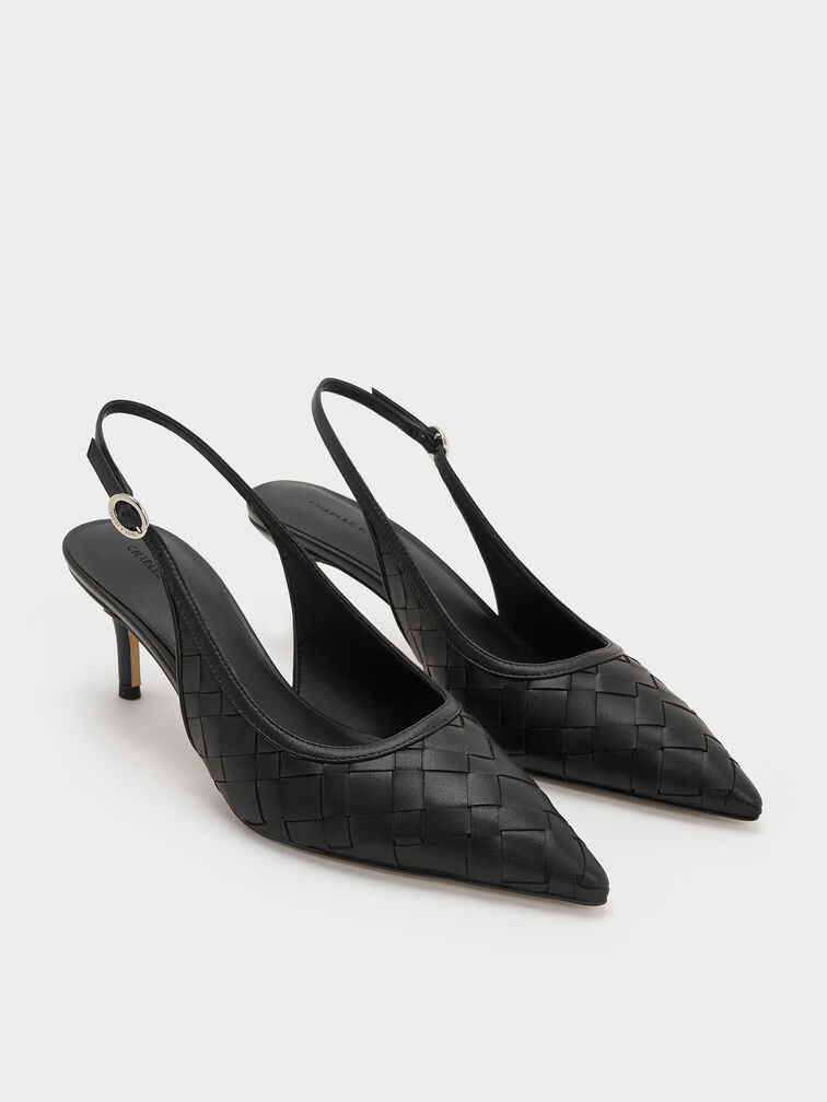 Ivette Woven Pointed-Toe Slingback Pumps, Black, hi-res