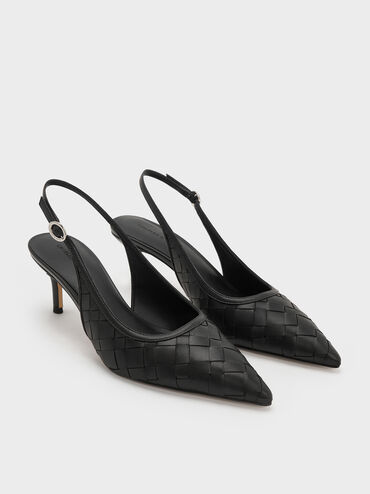 Ivette Woven Pointed-Toe Slingback Pumps, Black, hi-res