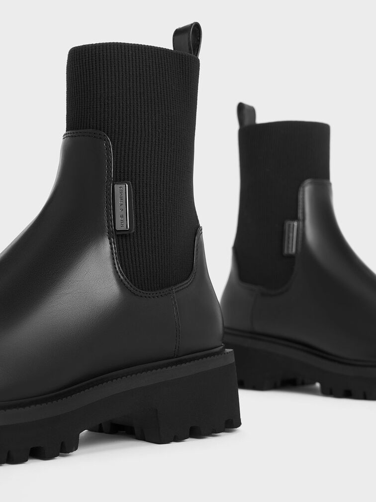 Knitted Sock Ridge-Sole Chelsea Boots, Black, hi-res