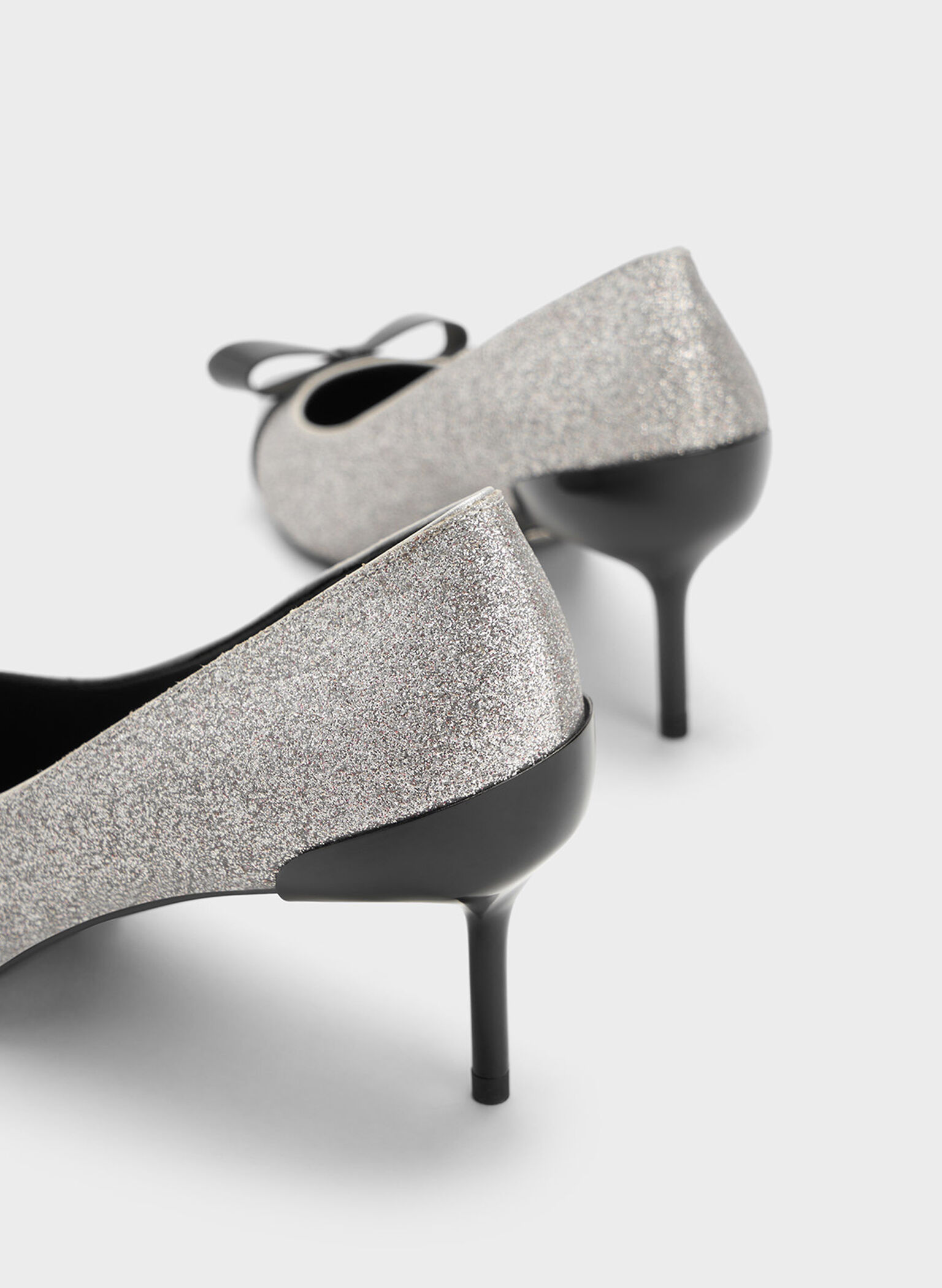 Leather Glittered Pointed-Toe Heels, Silver, hi-res