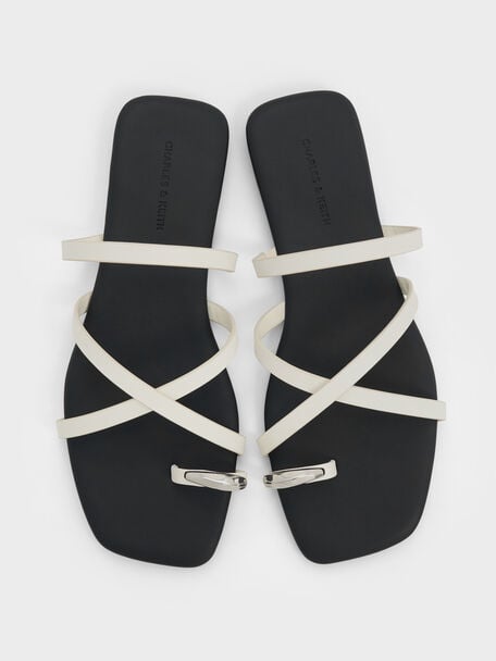 Metallic-Accent Strappy Toe-Ring Sandals, Chalk, hi-res