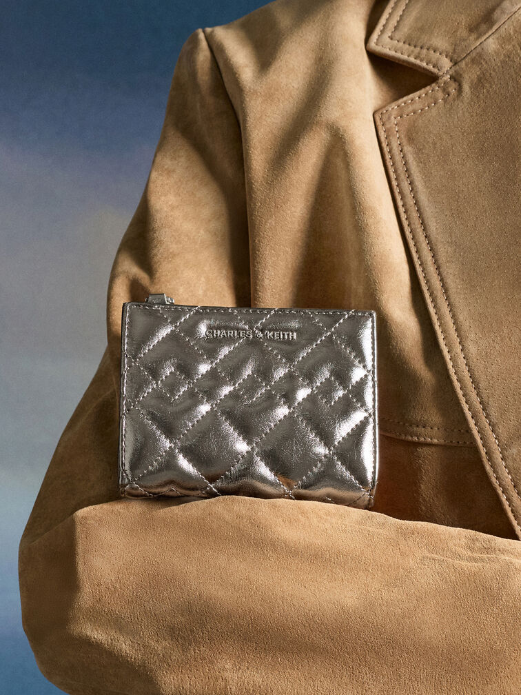 Duo Metallic Quilted Small Wallet, Pewter, hi-res