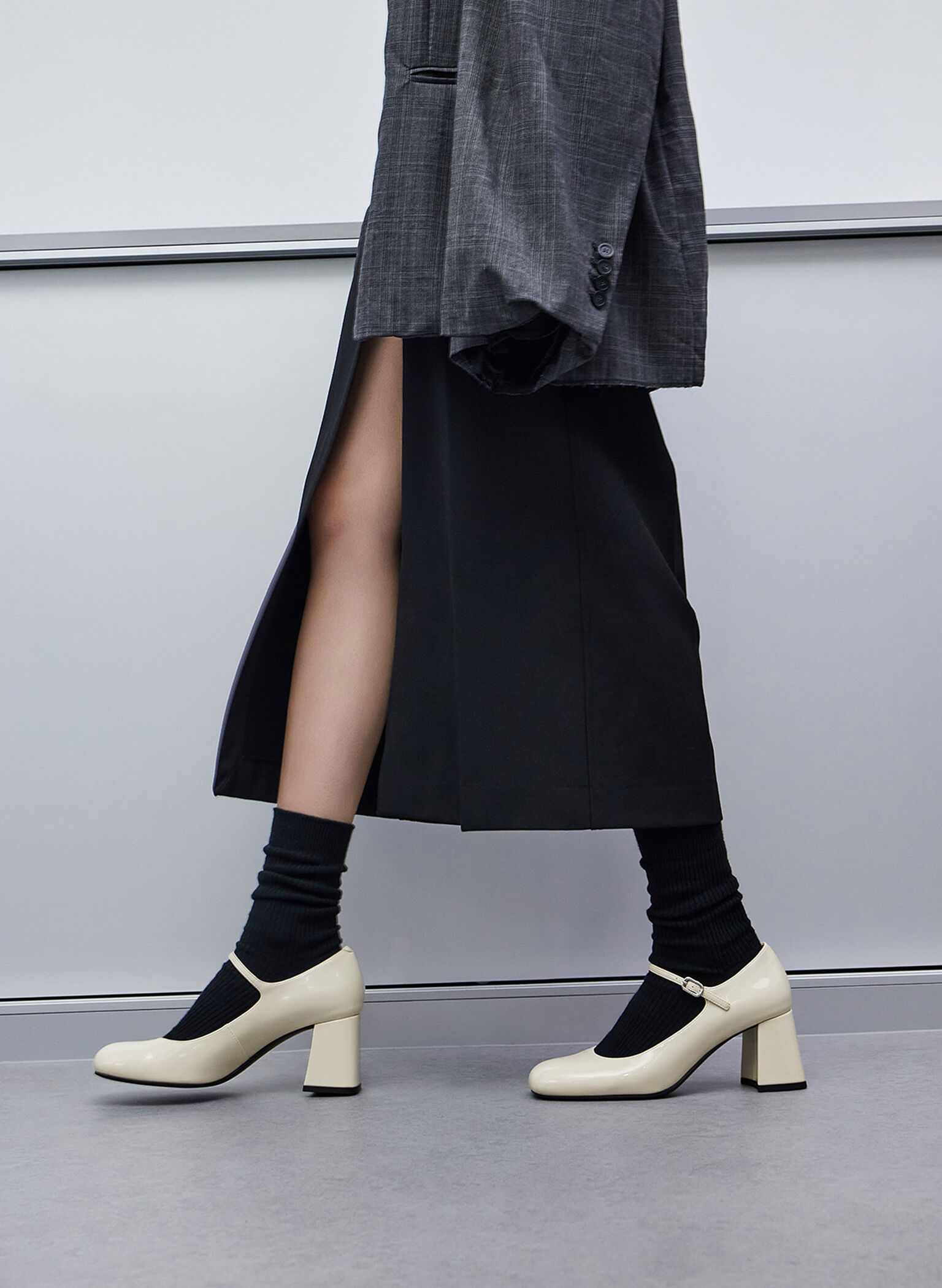Patent Block-Heel Mary Jane Pumps, Chalk, hi-res