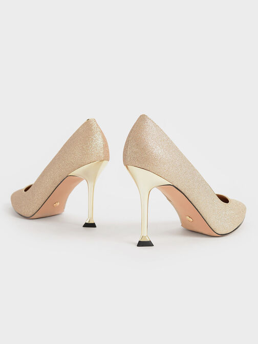 Glittered Sculptural Stiletto Heel Pumps, Gold, hi-res