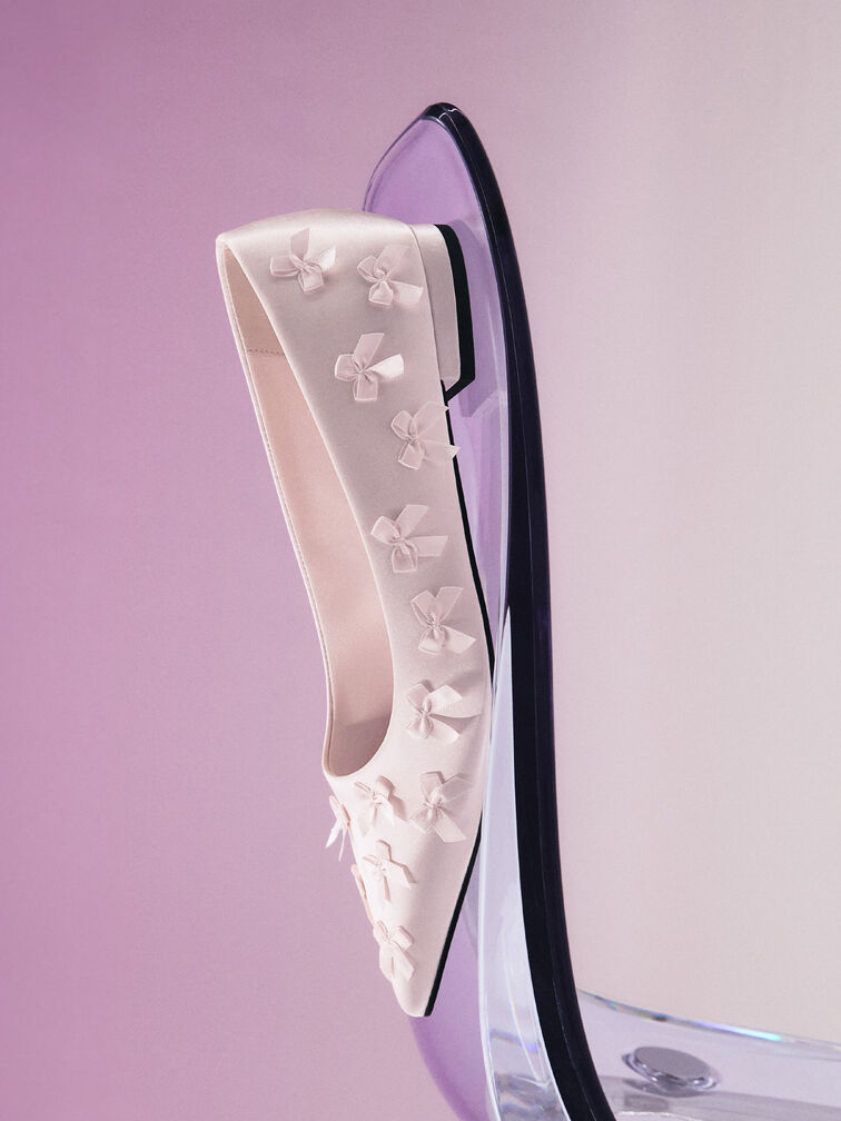 Satin Bow Pointed-Toe Flats, Blush, hi-res