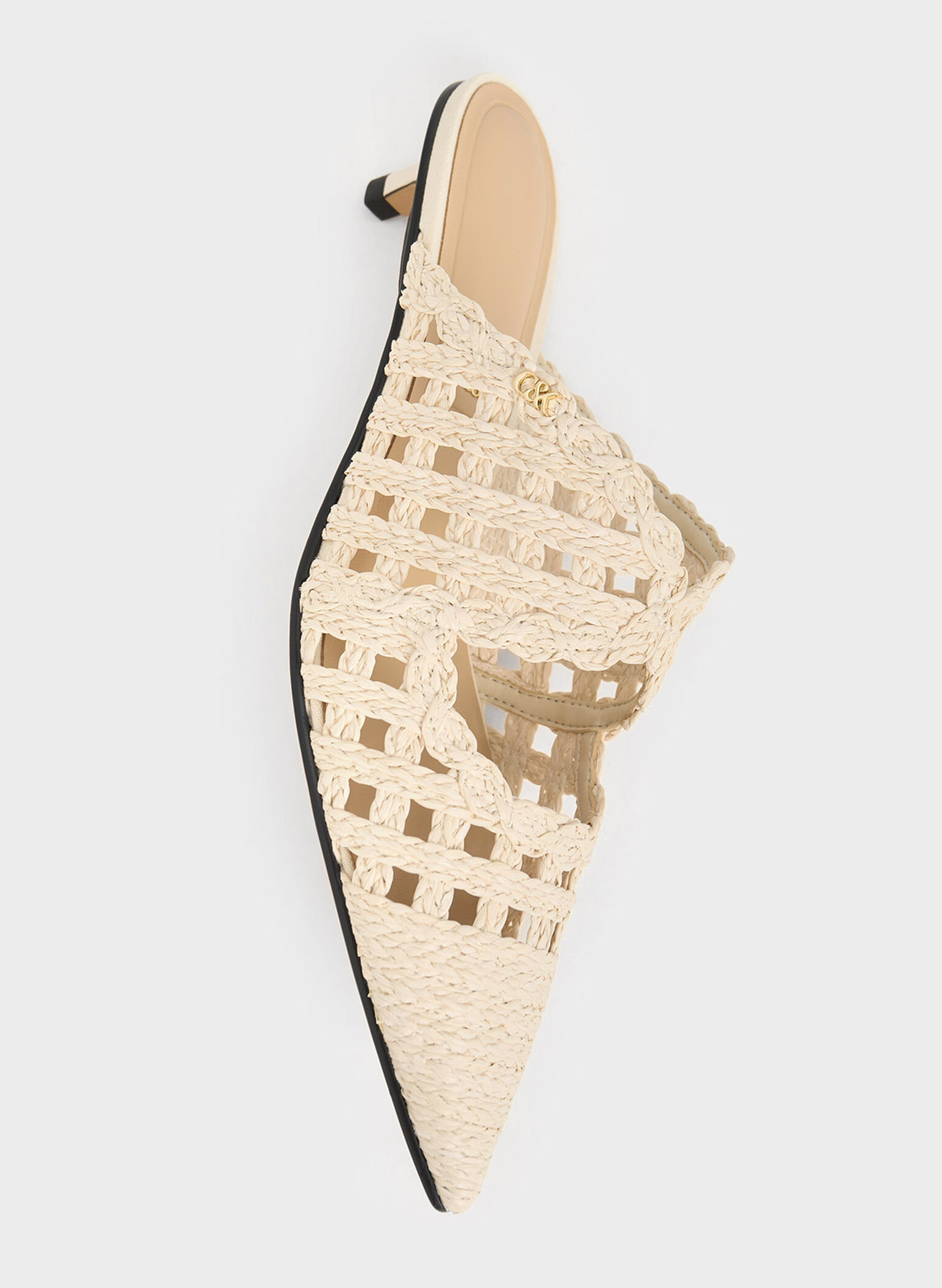 Raffia Kitten-Heel Pointed-Toe Mules, White, hi-res