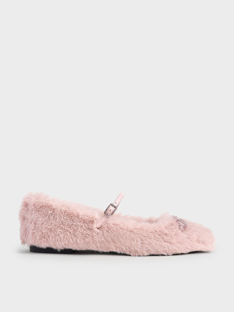 Bow Crystal-Embellished Furry Mary Janes, Pink, hi-res