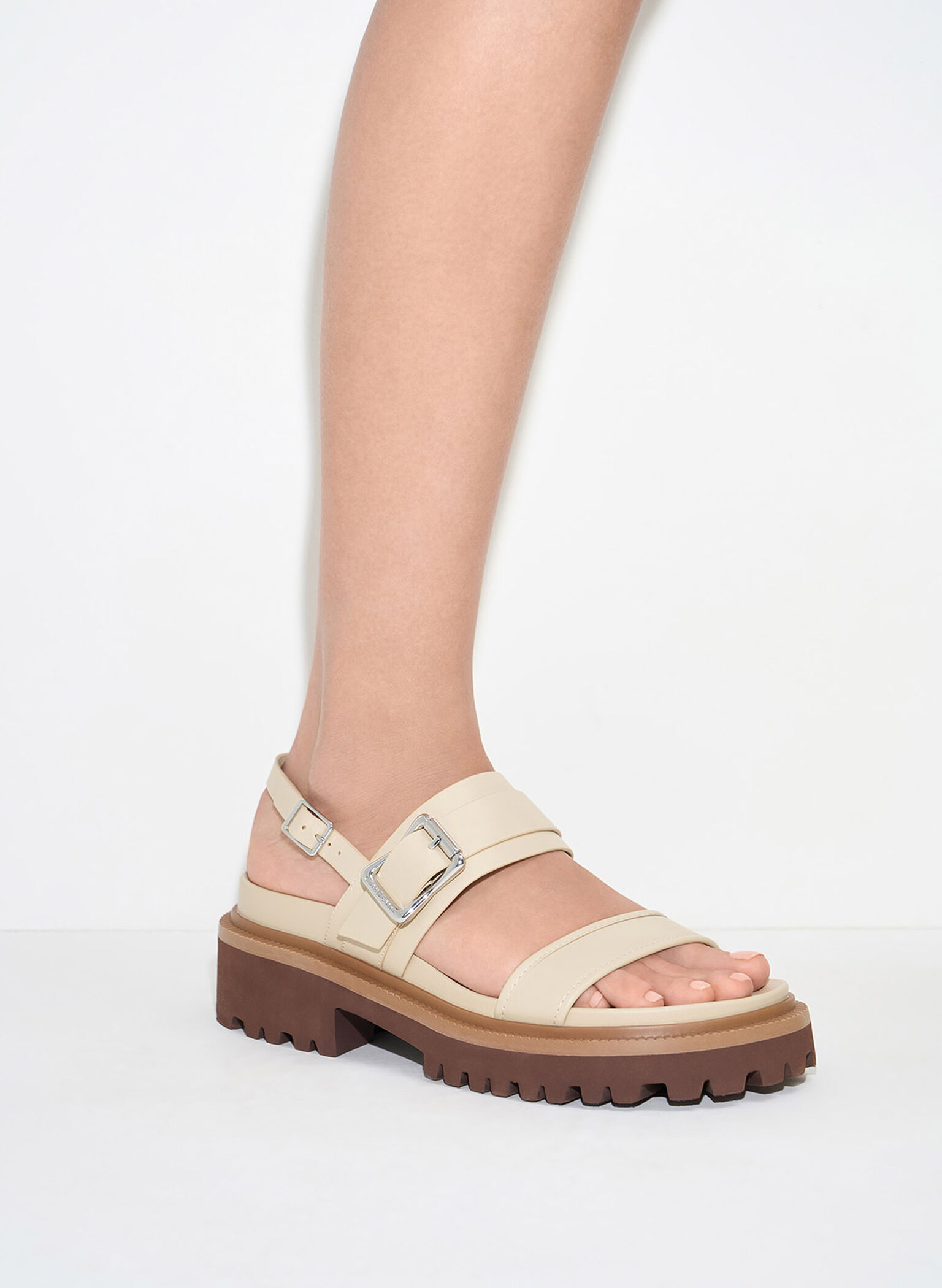Buckled Platform Slingback Sandals, Taupe, hi-res