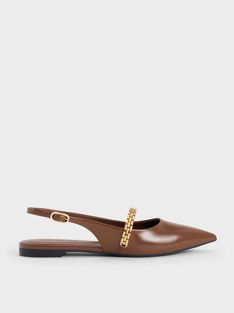 Chain-Strap Pointed-Toe Slingback Flats, Brown, hi-res