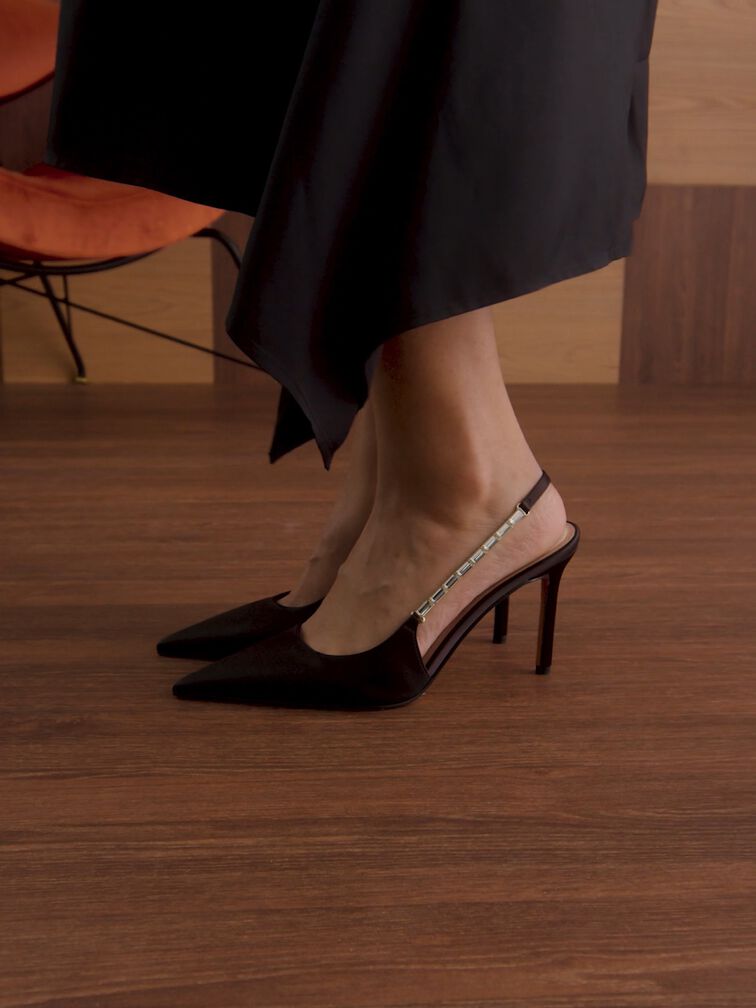 Satin Embellished-Strap Pointed-Toe Slingback Pumps, Black Textured, hi-res
