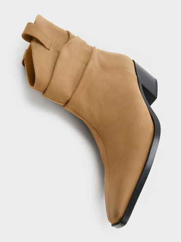 Faux Suede Ruched Almond-Toe Cowboy Ankle Boots, Tan, hi-res