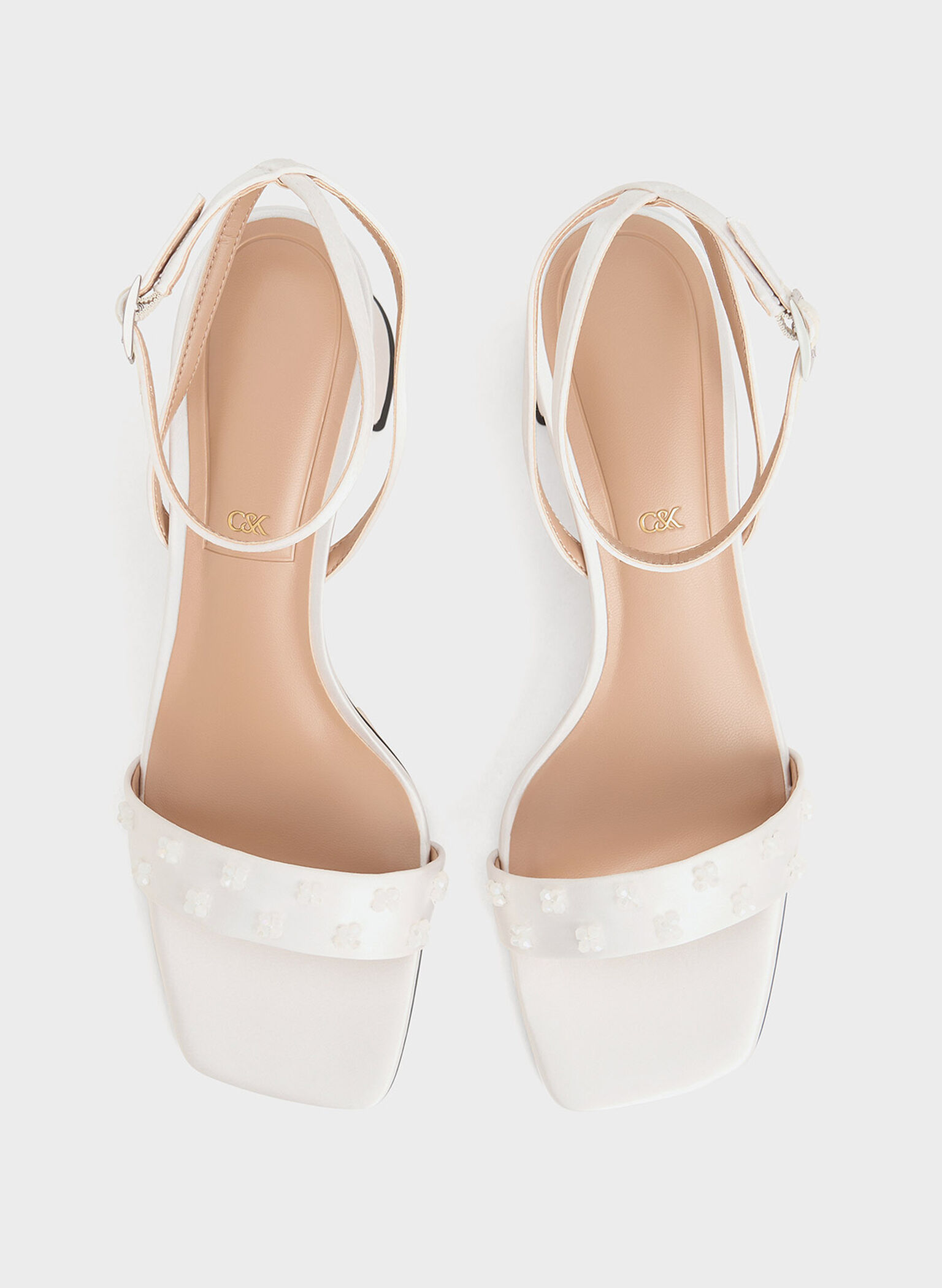 Recycled Polyester Beaded Heeled Sandals, White, hi-res