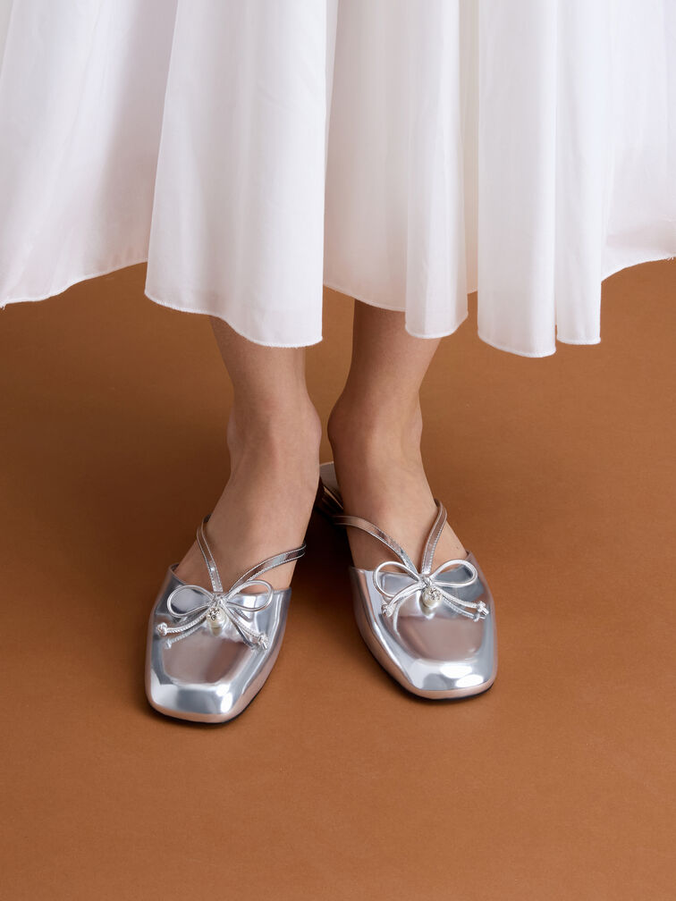 Metallic Pearl-Accent Bow Flat Mules, Silver, hi-res