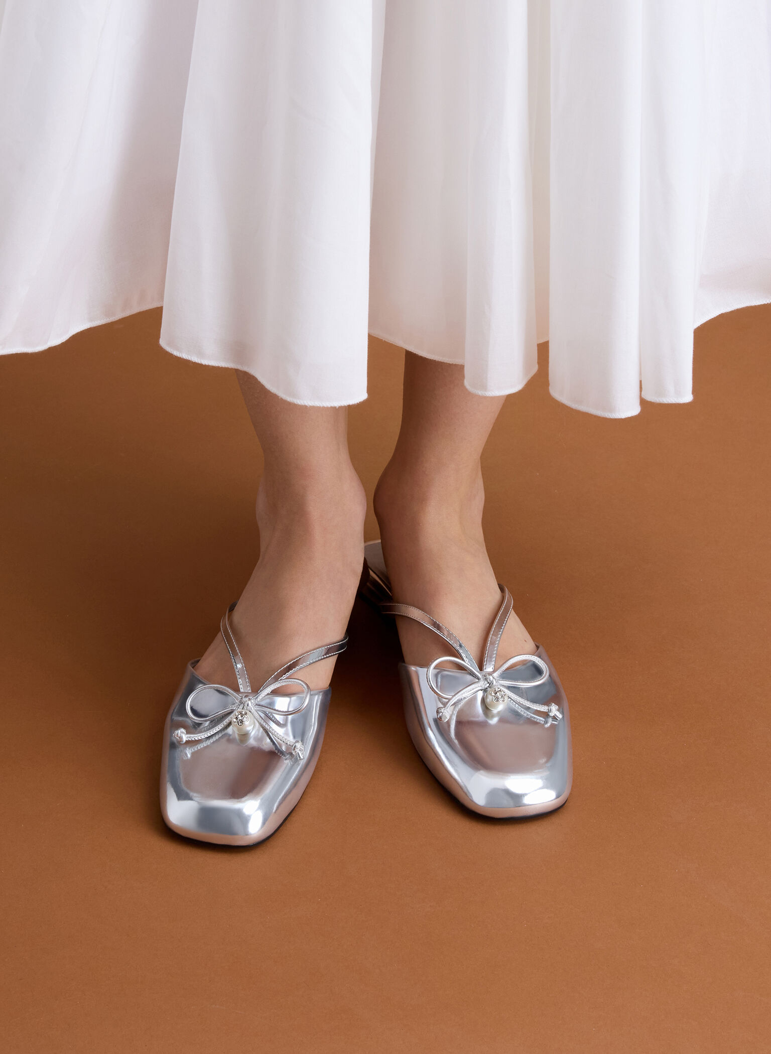 Metallic Pearl-Accent Bow Flat Mules, Silver, hi-res