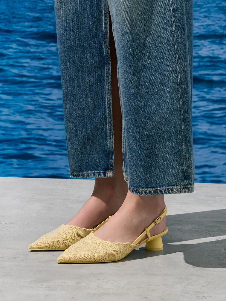Crochet Floral Pointed-Toe Slingback Pumps, Yellow, hi-res