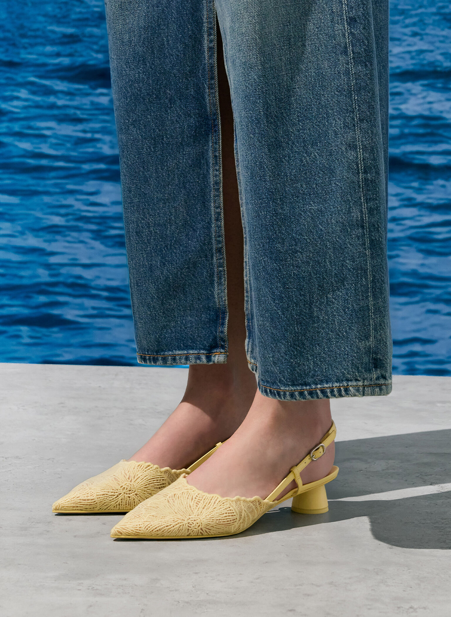 Crochet Floral Pointed-Toe Slingback Pumps, Yellow, hi-res