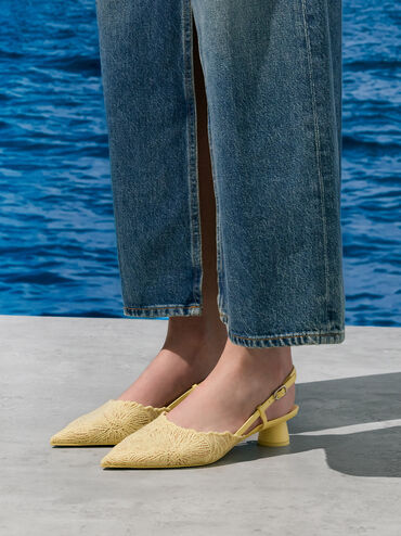Crochet Floral Pointed-Toe Slingback Pumps, Yellow, hi-res