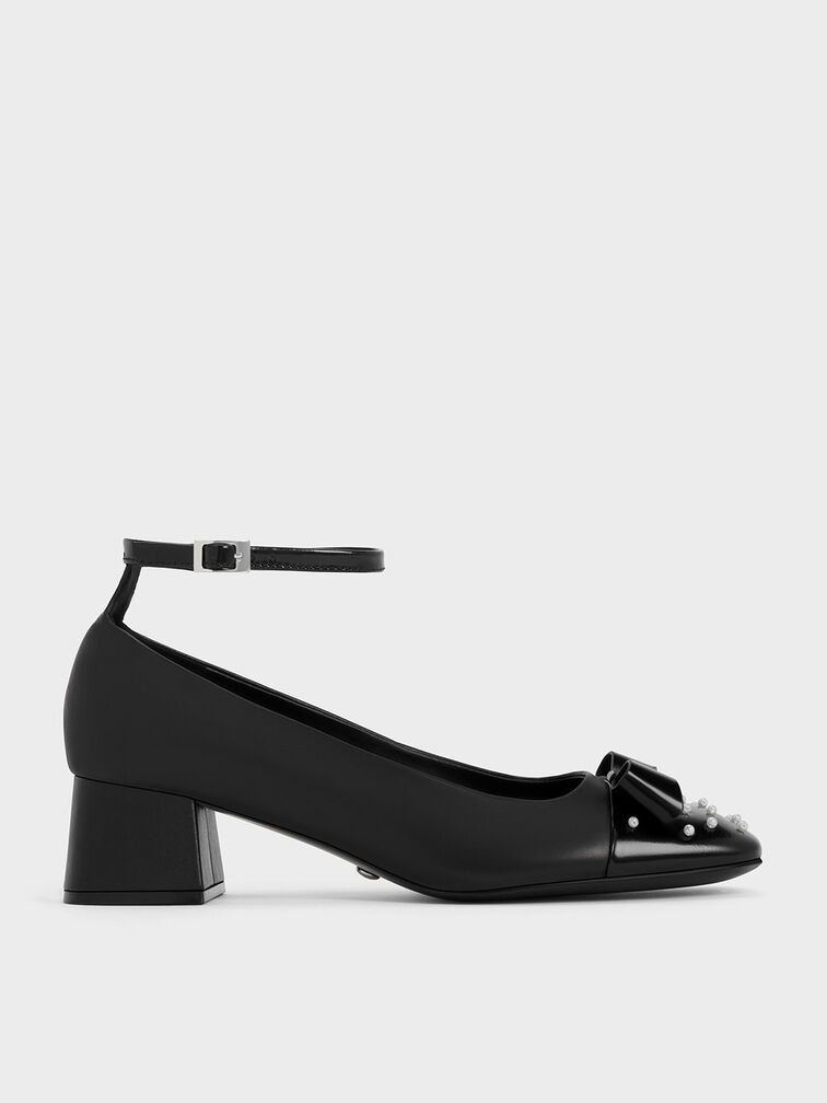 Pearl-Embellished Leather Bow Ankle-Strap Pumps, Black, hi-res